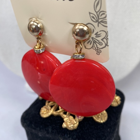 Large marbleized red disc earrings rhinestones - Picture 2 of 5